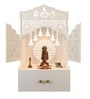 Elegant White Wooden Floor Pooja Mandir with Laser-Cut Doors Shubh Labh Design & Storage Cabinet