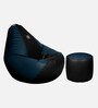 Elegant XXL Leatherette Bean Bag Cover in Black & Blue Colour with Pouffe cover