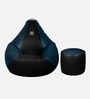 Elegant XXL Leatherette Bean Bag Cover in Black & Blue Colour with Pouffe cover