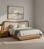 Elowen Softline Bed in velvet With Oak wood Frame & Hydraulic Storage