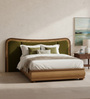 Elowen Softline Queen Size Bed in velvet With Oak wood Frame & Hydraulic Storage