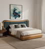 Elowen Softline Queen Size Bed in velvet With Oak wood Frame & Hydraulic Storage