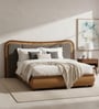 Elowen Softline Queen Size Bed in velvet With Oak wood Frame & Hydraulic Storage