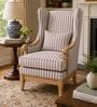 Elric Teak Wood Wing Chair With Suede Fabric In Striped Print Elric Teak Wood Wing Chair With Suede Fabric In Striped Print