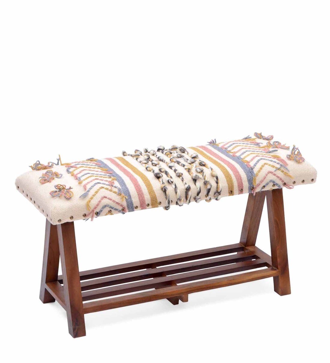 Buy Embroidered wooden bench in Multi Colour by Natural Furnish Online