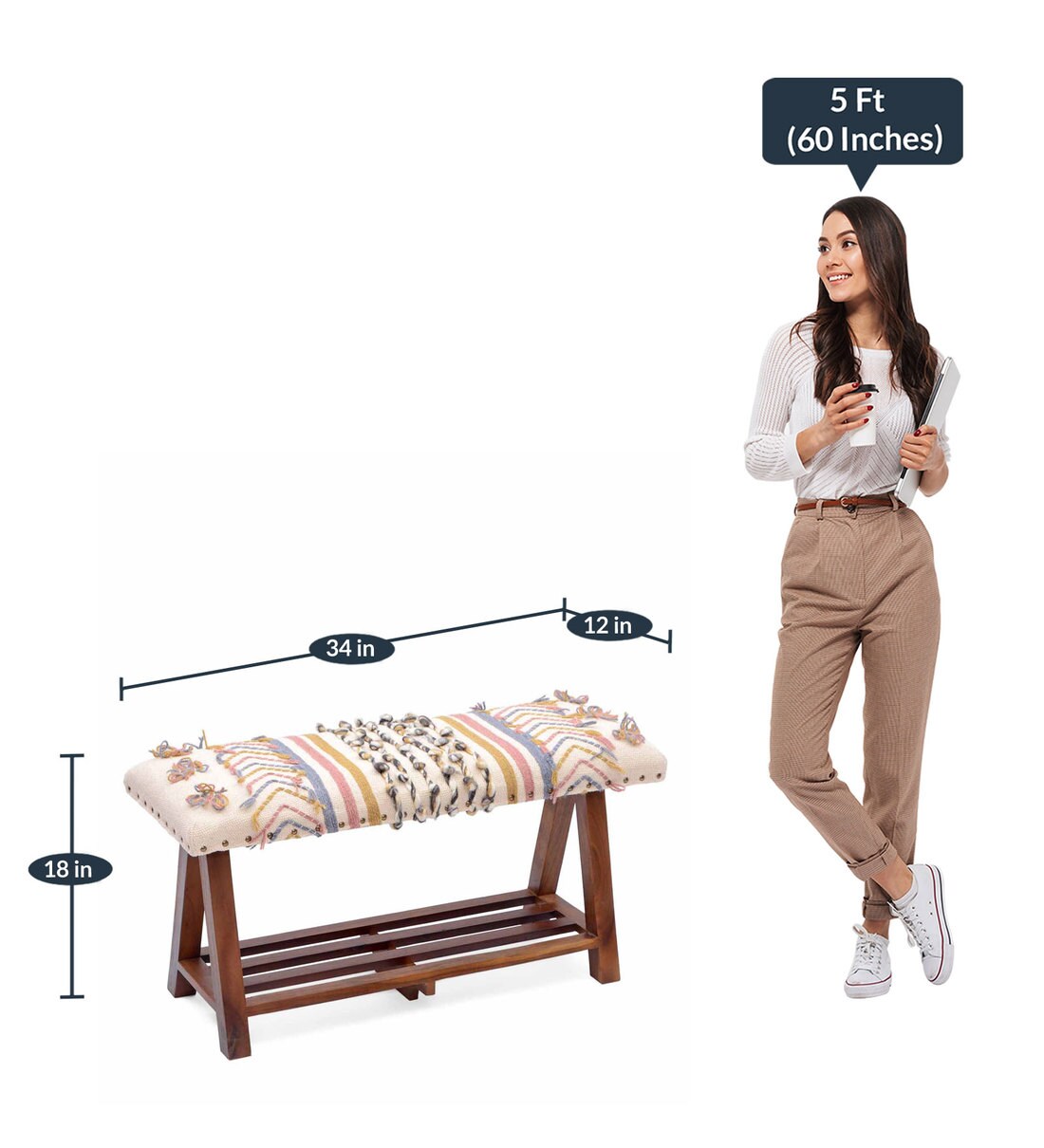 Buy Embroidered wooden bench in Multi Colour by Natural Furnish Online