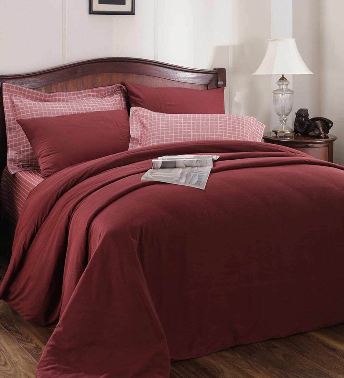 Buy Emmie Red 100 Cotton Double Bed Duvet Cover With 2 Pillow Covers