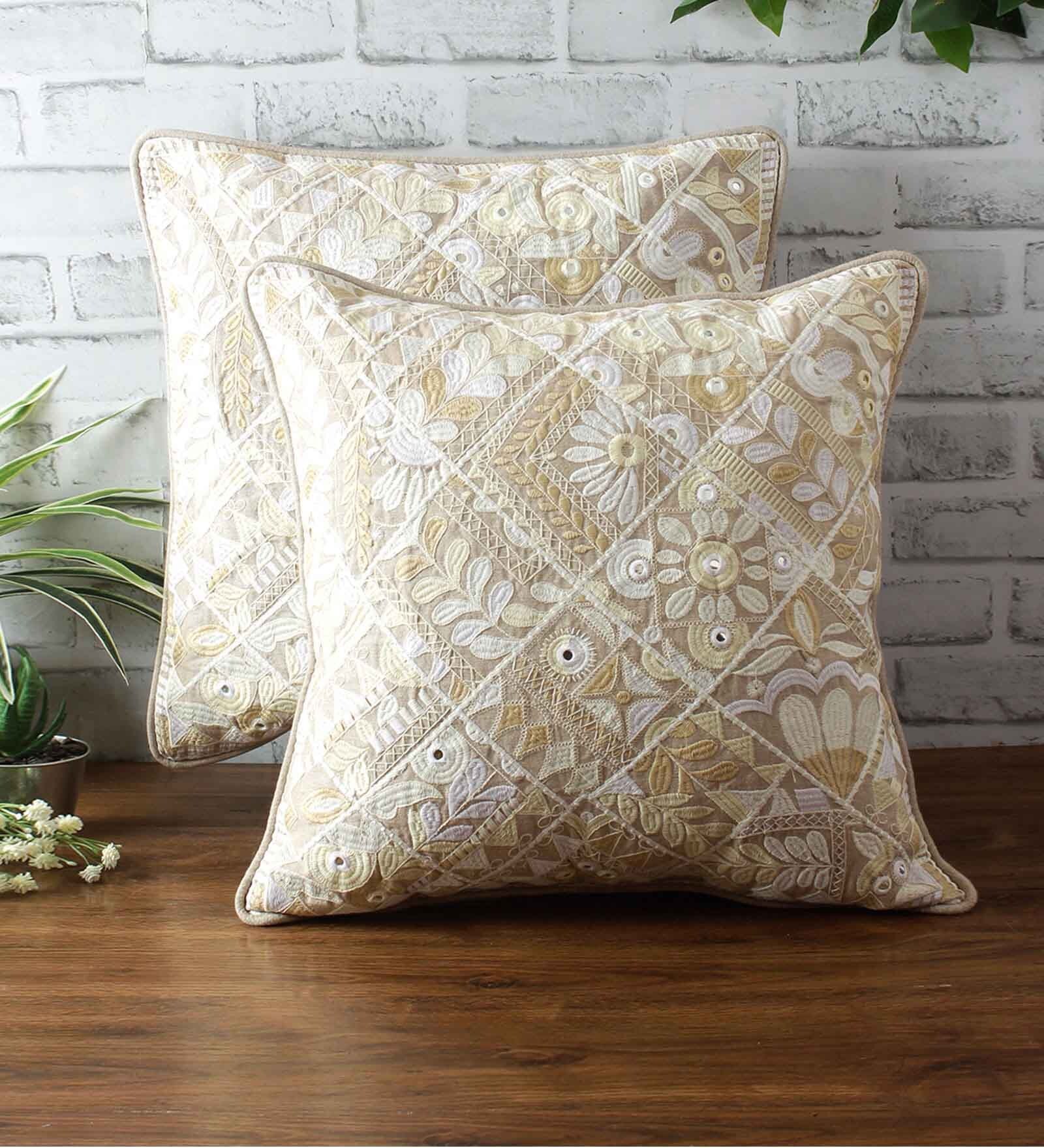 Beige Traditional Cotton 18 x 18 Inches Embroidered Cushion Covers (Set of 2)