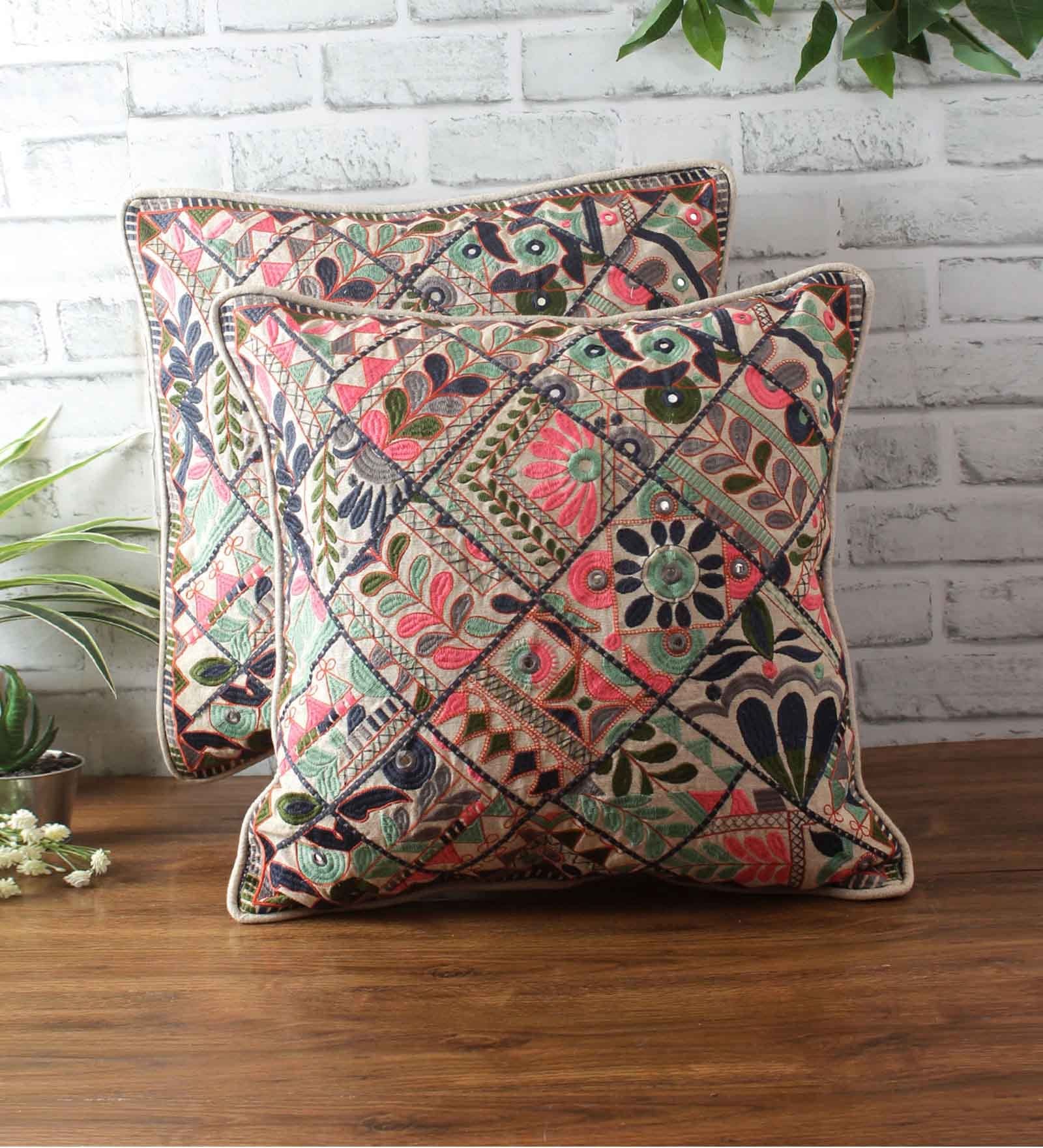 Embroidered Cotton 18 x 18 Inch Cushion Covers (Set of 2)