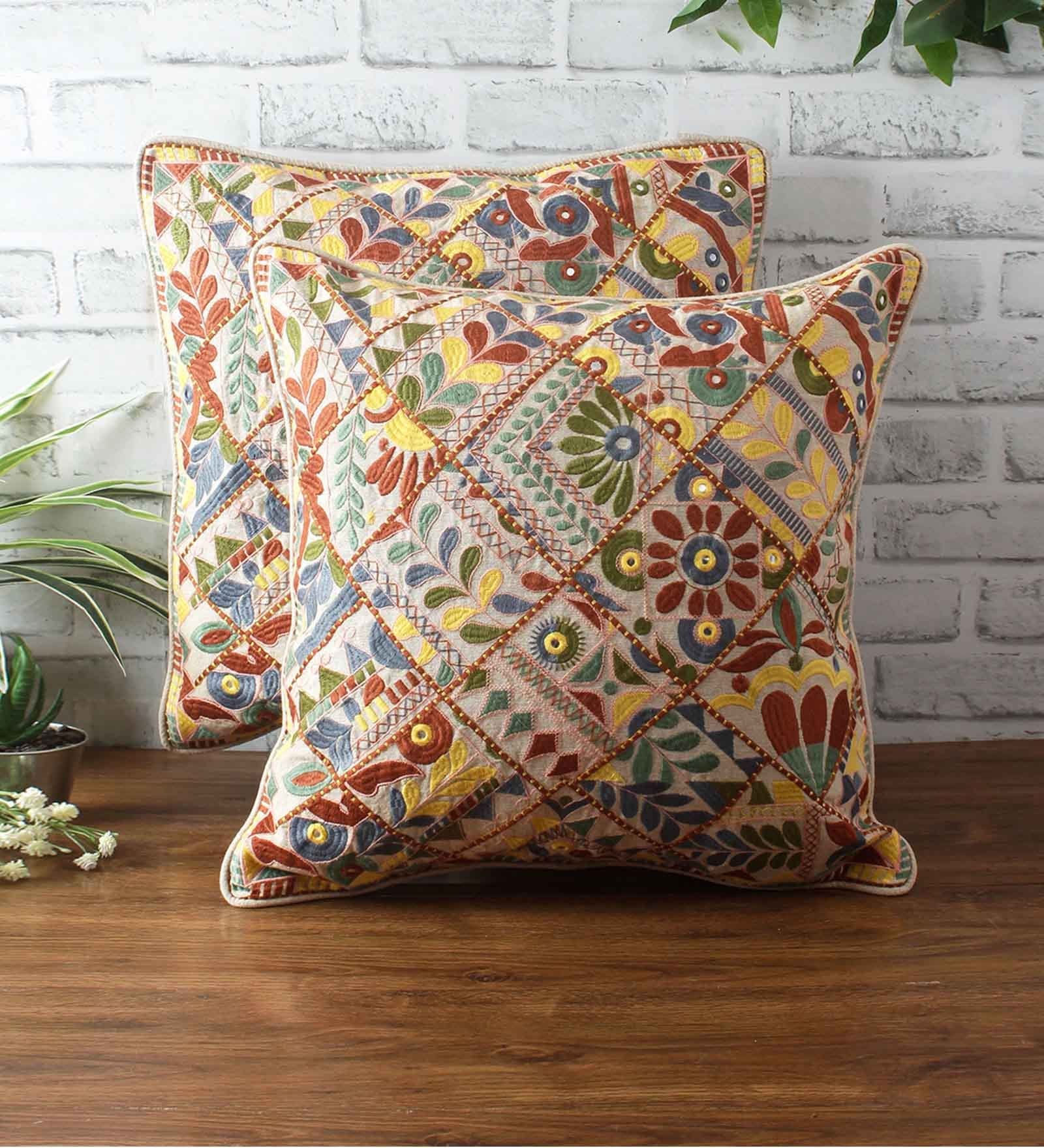 Buy Embroidered Cotton 18 x 18 Inch Cushion Covers (Set of 2) by Eyda