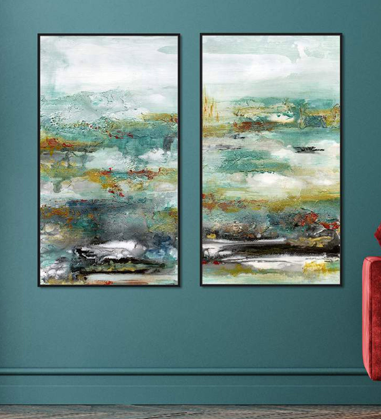 Emerald Green Canvas Framed Landscape Art Panels Set of 2