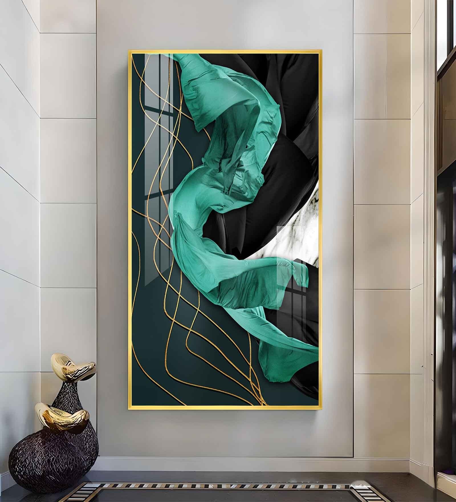Emerald Elegance Glass Finish Vertical Wall Art