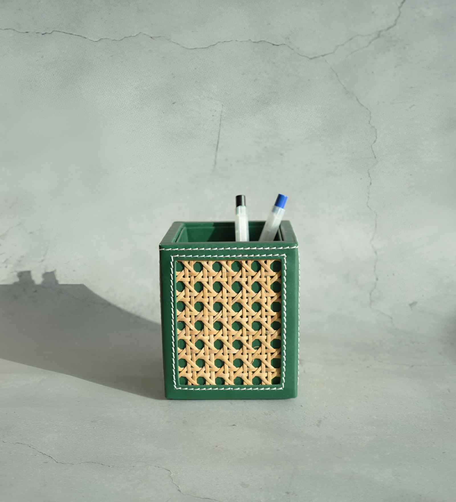 Emerald Green PU Leather and Natural Rattan Desk Organizer Stationery Holder