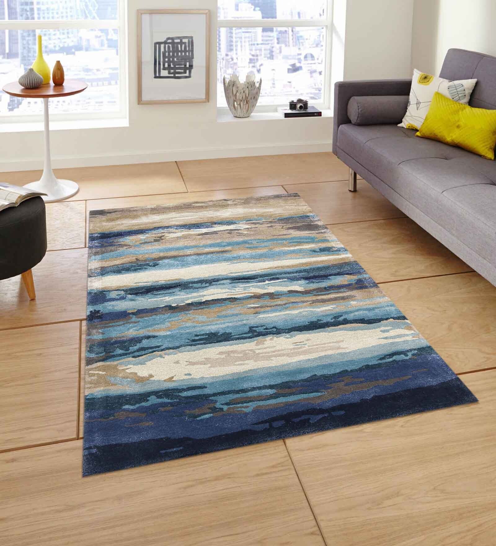 Blue Abstract Viscose 4 ft x 6 ft Hand Tufted Carpet