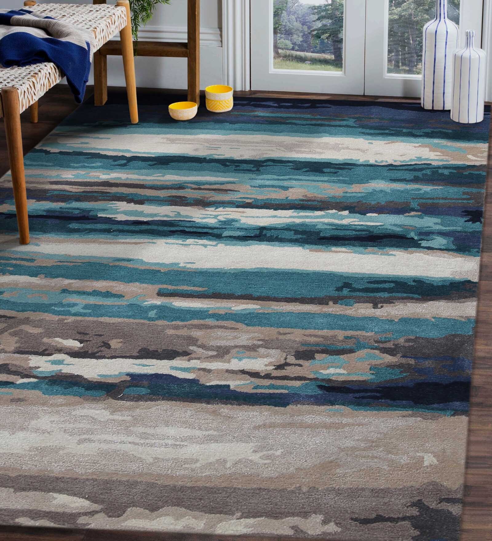 Blue Persian Viscose 5 ft x 7 ft Hand Tufted Carpet