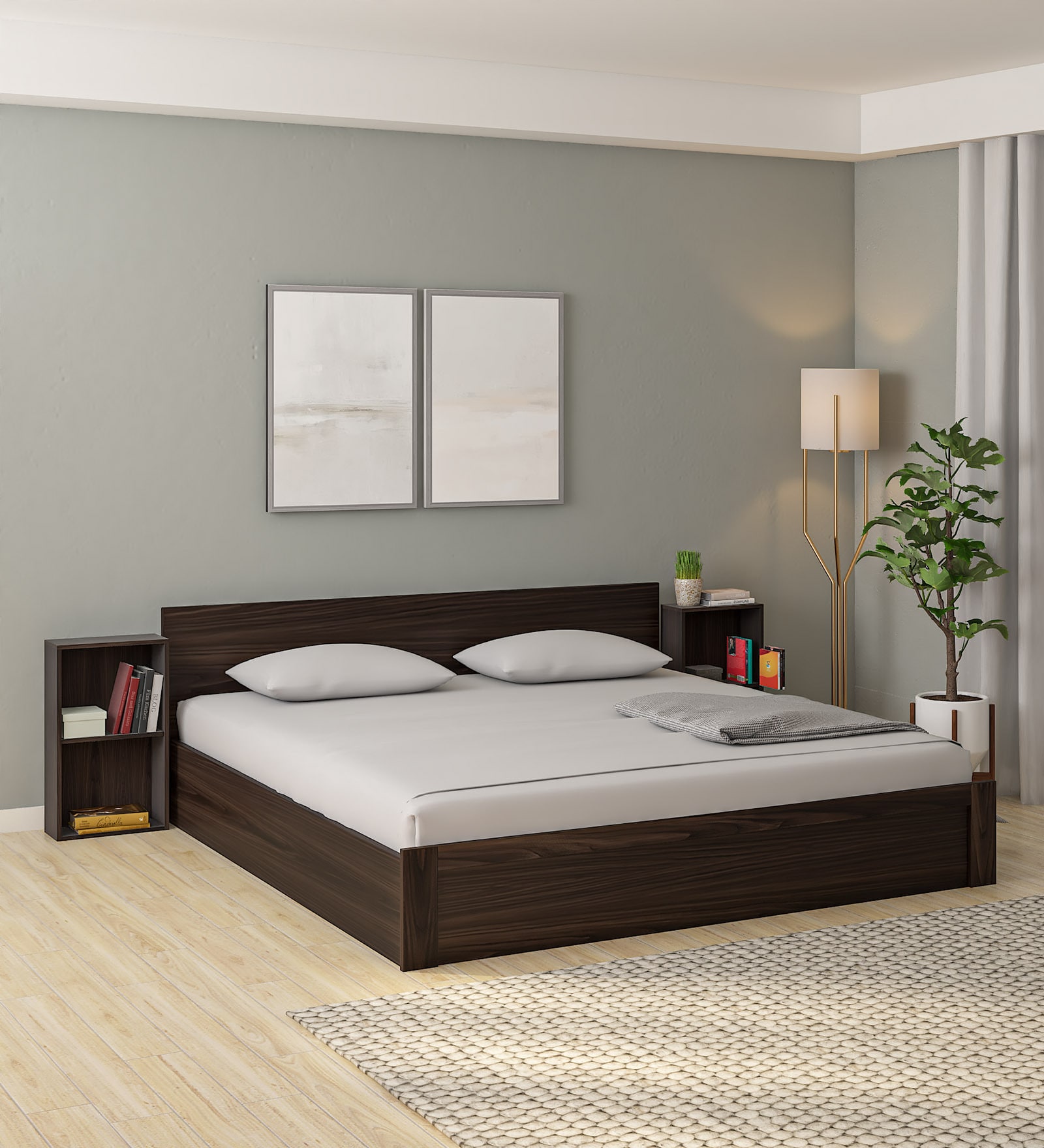 Buy Emika King Size Bed in Walnut Finish with Box Storage & 2 Bedside ...