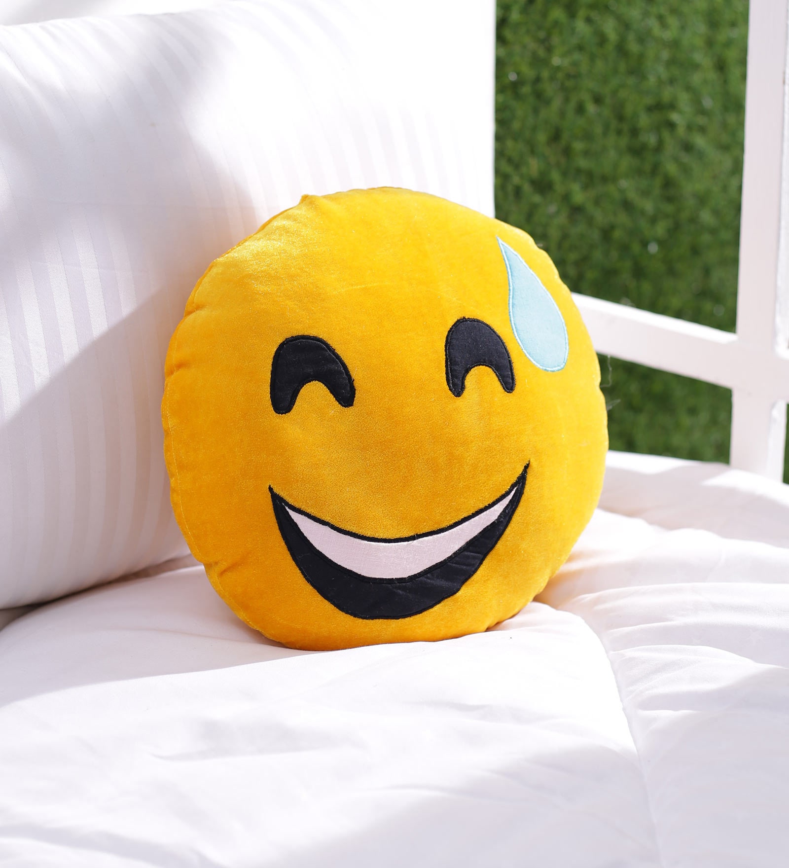 Yellow Velvet Launging Emoji Shaped Cushion