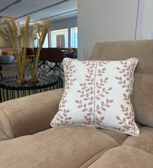 Petunia 100% Cotton 16x16 Inches Embroidered Cushion Cover in Beige Colour