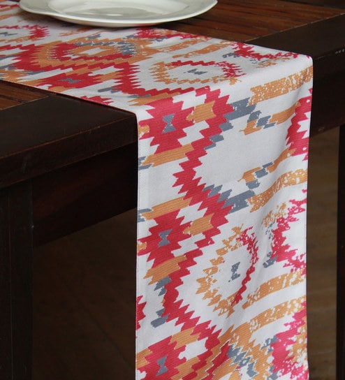 Traditional Pattern Red Polyester 84X12 Inches Table Runner By Zeba