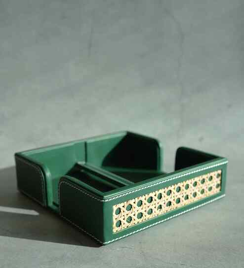 Emerald Green PU Leather and Natural Rattan Tissue Holder with Weighted Bar Design
