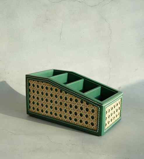 Emerald Green PU Leather Remote Control Organizer Holder for TV Remotes and Gadgets Multipurpose Desk Storage Organizer