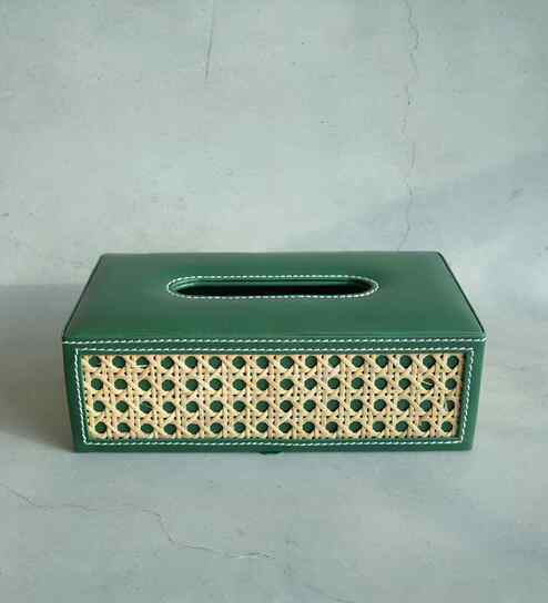 Emerald Green Rectangular PU Leather and Natural Rattan Tissue Box Holder