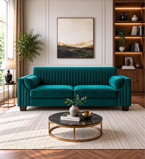 Emerson 3 seater Velvet Fabric Sofa In Green Colour