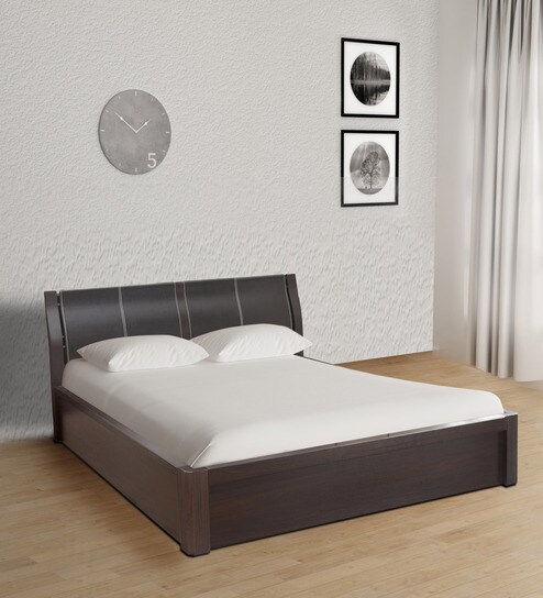 Buy Emirates King Size Bed with Hydraulic Storage in Brown Finish by