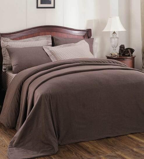 Brown Solid 100% Cotton Double Bed Duvet Cover With 2 Pillow Covers