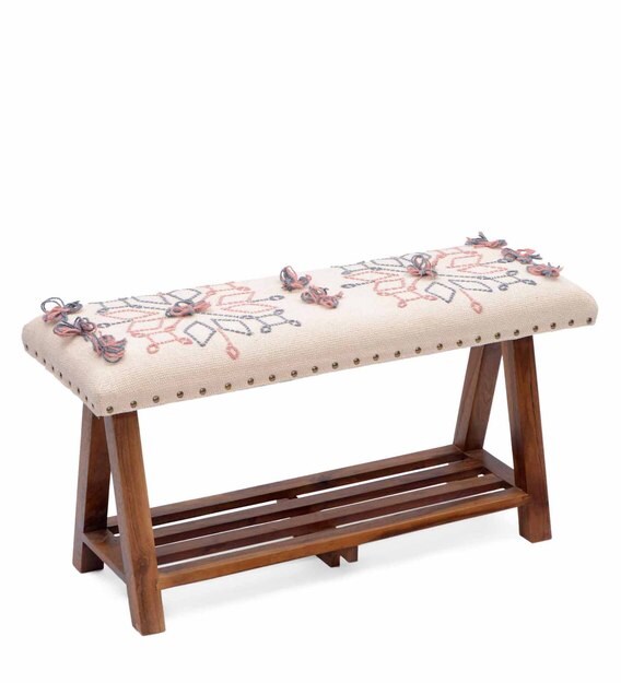 Buy Embroidered wooden bench in Multi Colour by Natural Furnish Online
