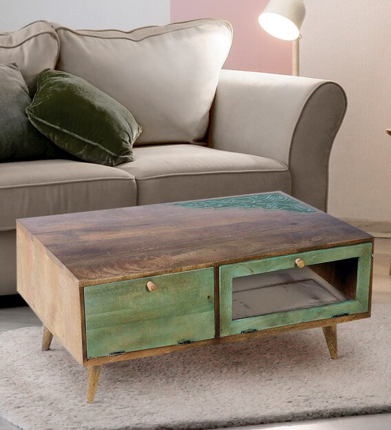 Buy Emilion Green Coffee Table In Dark Teak Vintage Green Finish By Fabuliv Online Industrial Rectangular Coffee Tables Tables Furniture Pepperfry Product