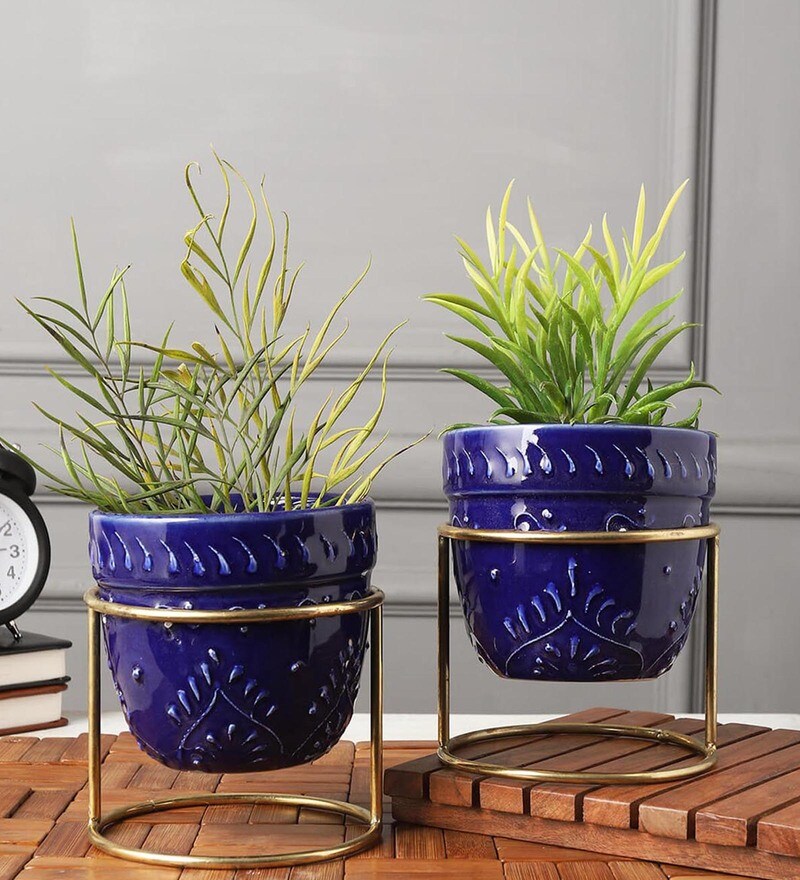 Buy Embossed (Set of 2) Stoneware Planter with Stand by MIAH Decor