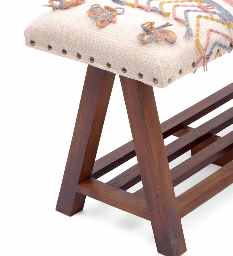Buy Embroidered wooden bench in Multi Colour by Natural Furnish Online