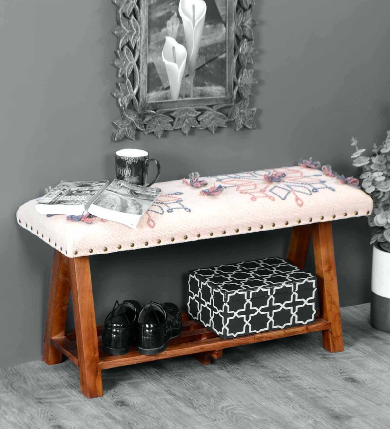 Buy Embroidered wooden bench in Multi Colour by Natural Furnish Online