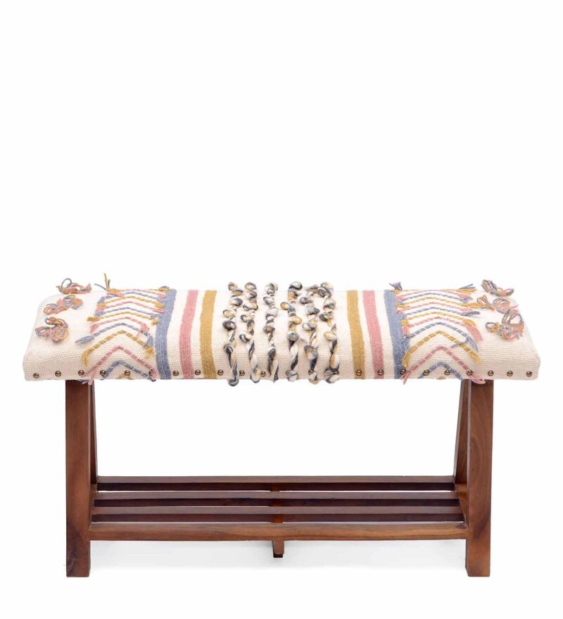 Buy Embroidered wooden bench in Multi Colour by Natural Furnish Online