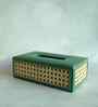 Emerald Green Rectangular PU Leather and Natural Rattan Tissue Box Holder