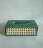 Emerald Green Rectangular PU Leather and Natural Rattan Tissue Box Holder