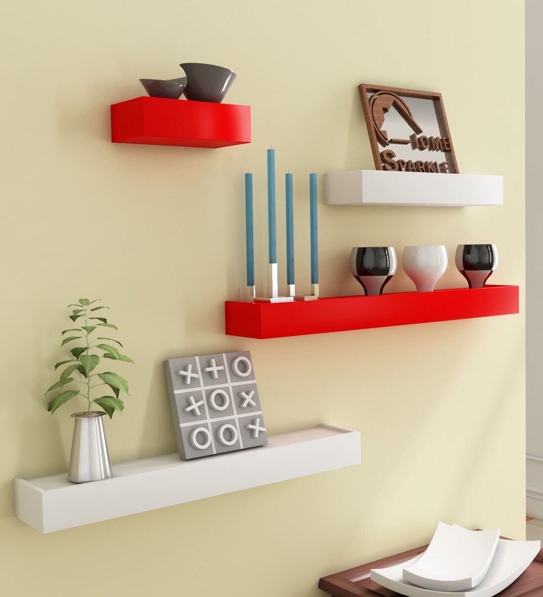 Buy Set of 4 Engineered Wood Floating Wall Shelf in Red Colour by Home
