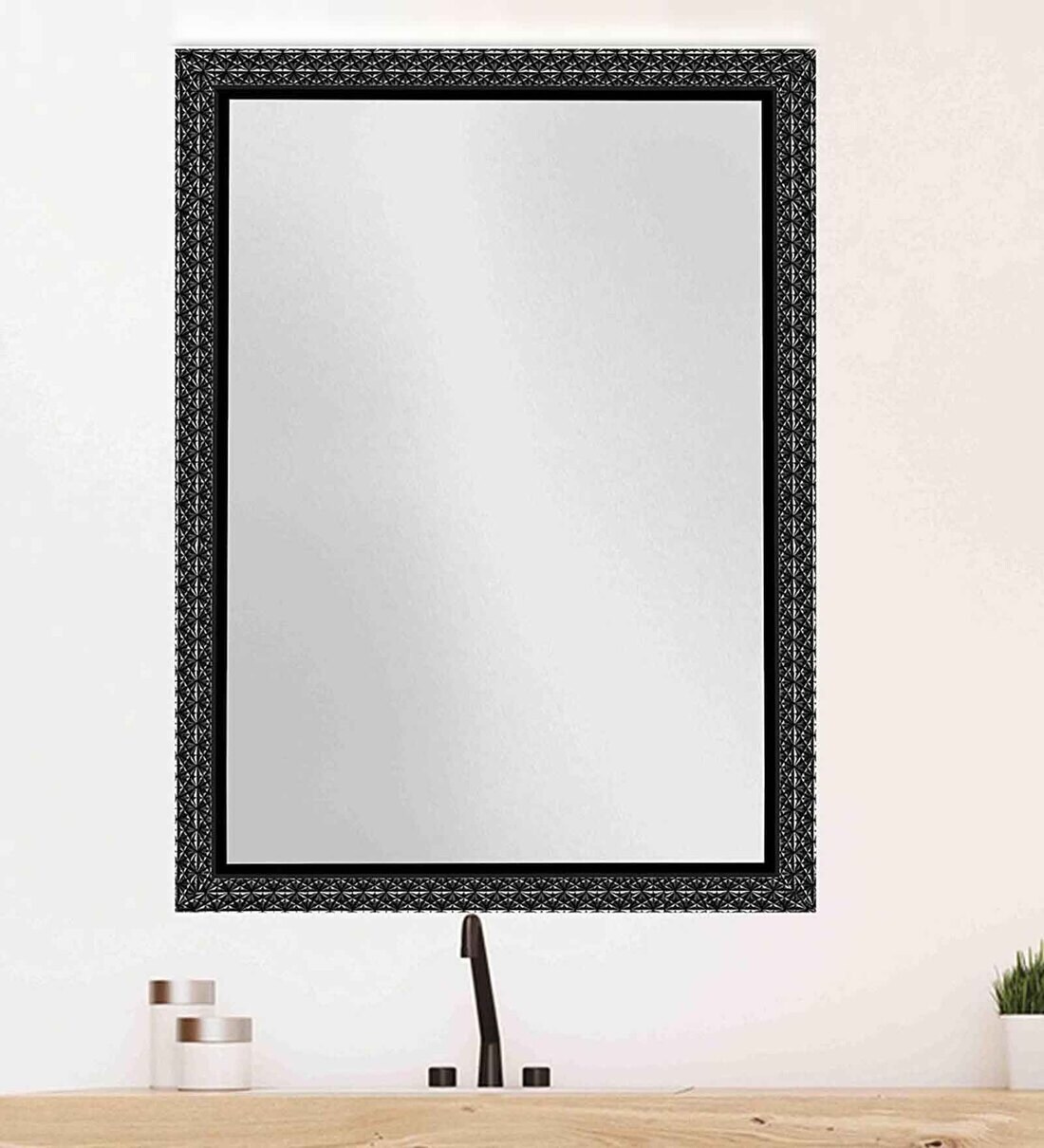 Buy Engineered Wood Rectangle Wall Mirror in Black Colour by
