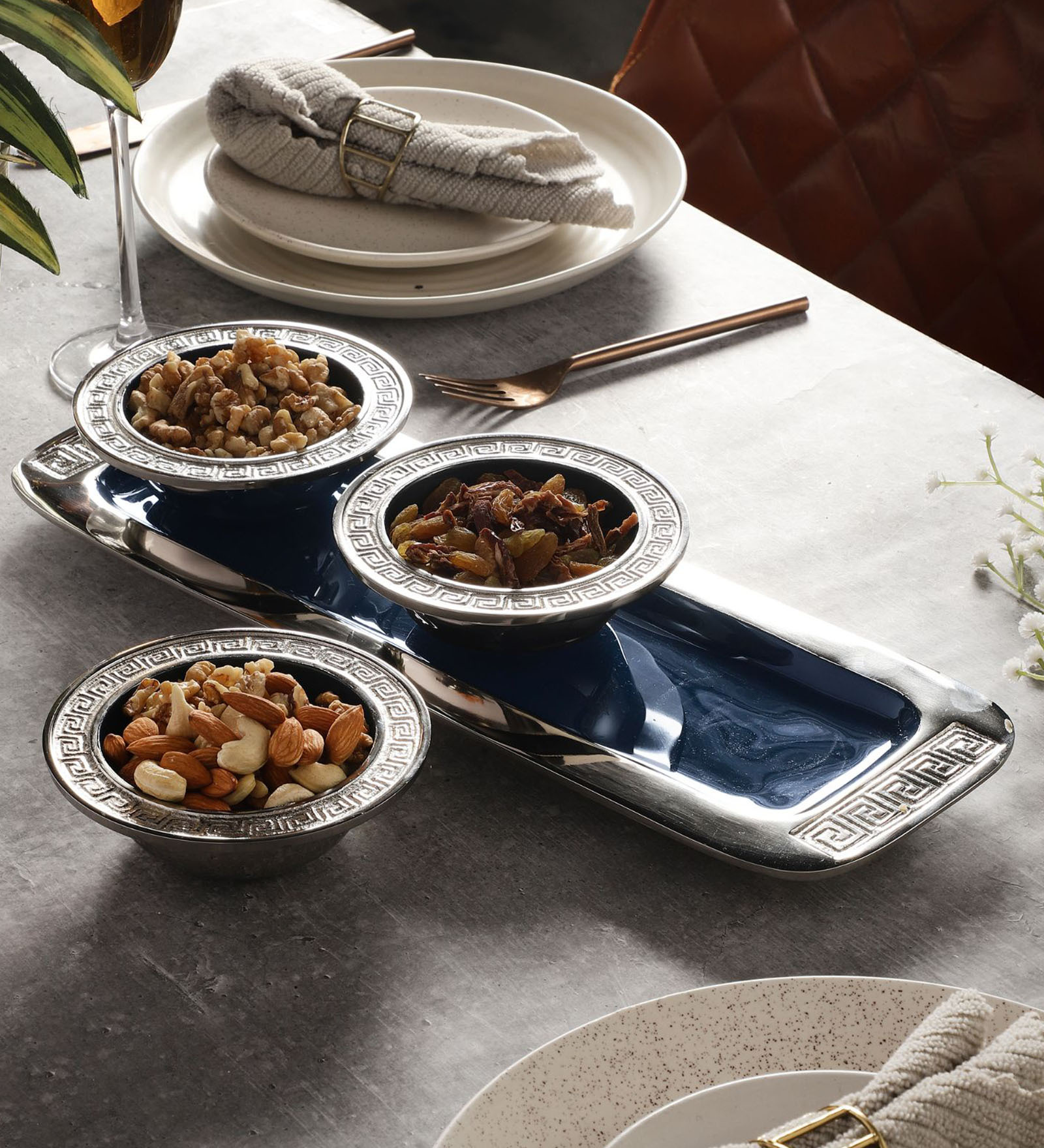 Enamel Versace Blue & Silver Aluminium (Set of 4) Dessert Bowl with Tray