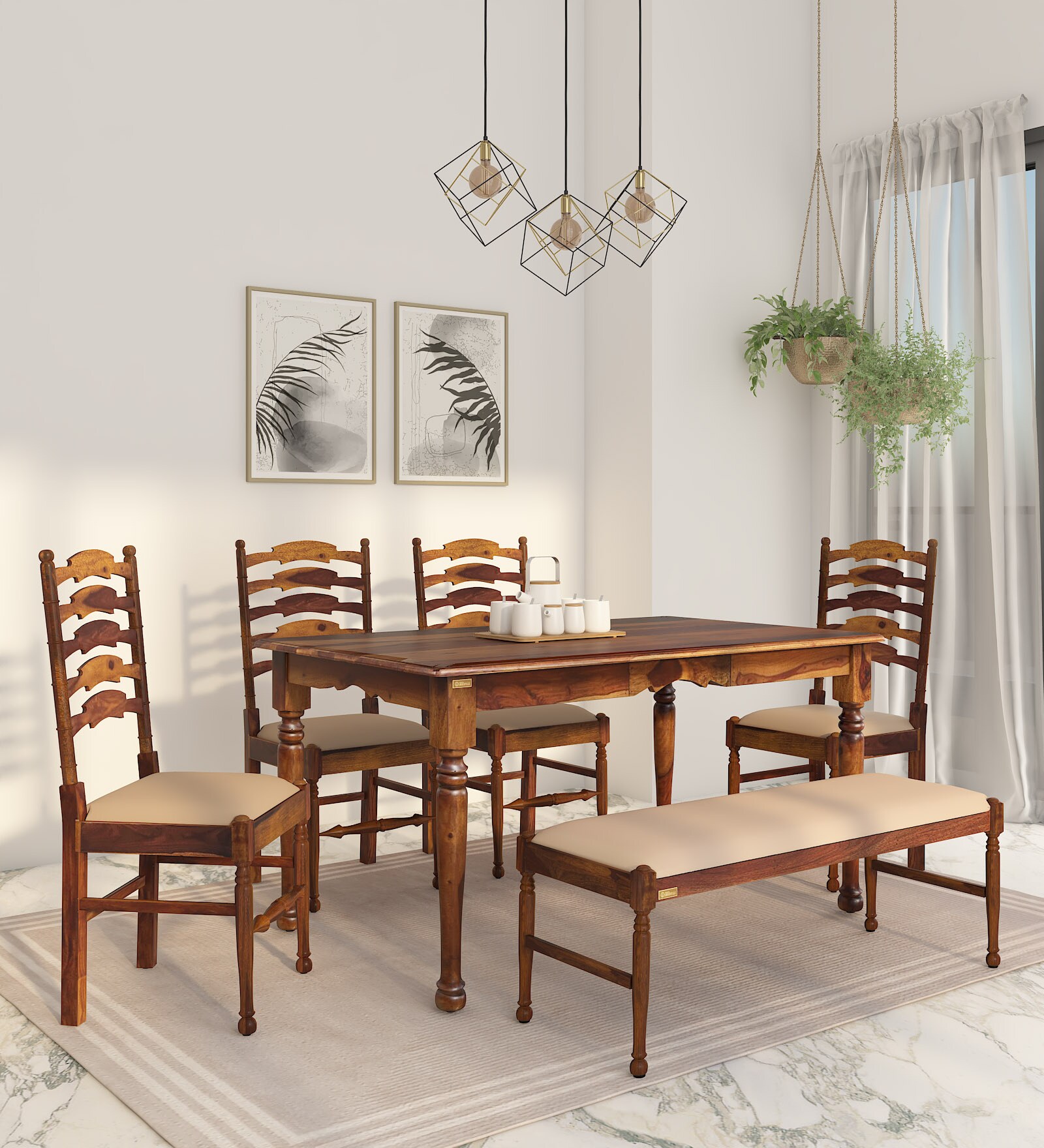 Encore Sheesham Wood 6 Seater Dining Set In Provincial Teak Finish With Bench