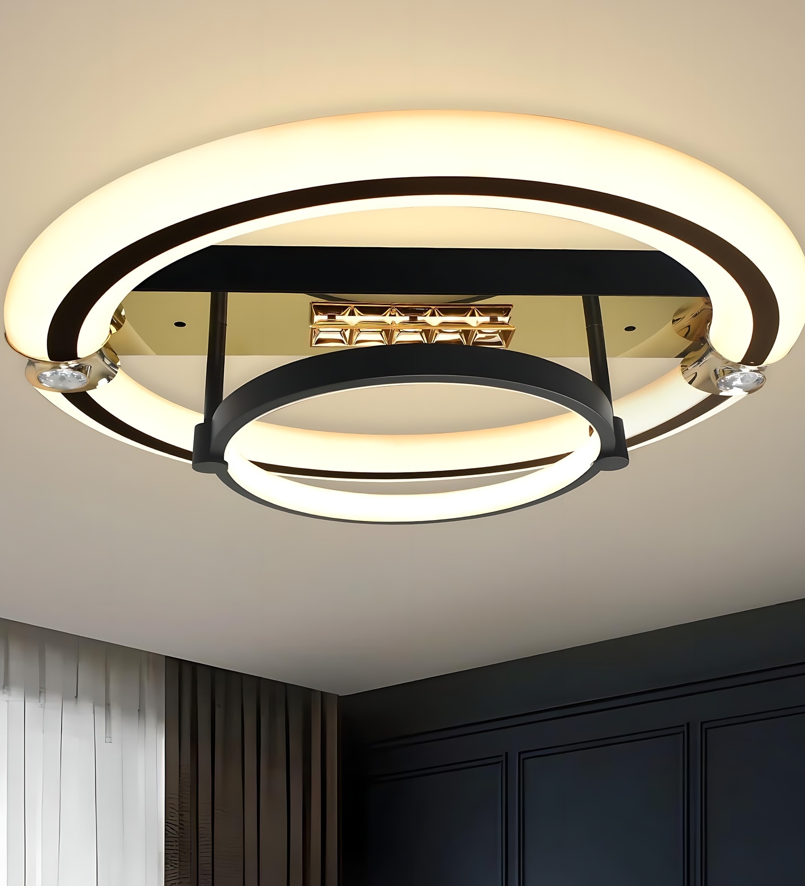 Encura 94W Modern LED Ceiling Chandelier 50cm, Dual Ring Halo Black Gold Design, Alexa Google Compatible Smart Chandelier, Luxury Lighting for Living Room Bedroom Dining Office