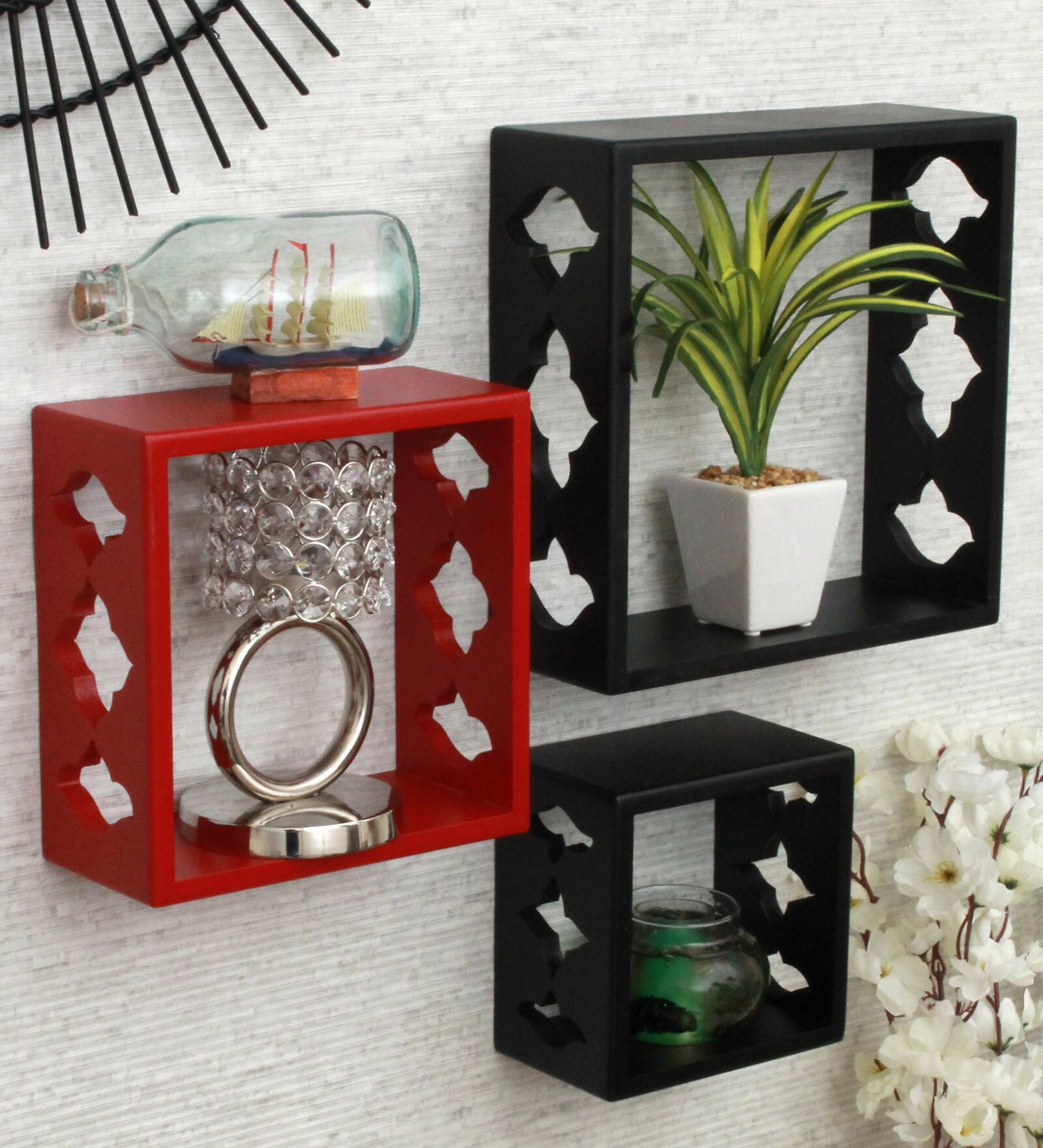 Buy Set of 3 Engineered Wood Cube Wall Shelf in Black Colour be Wall
