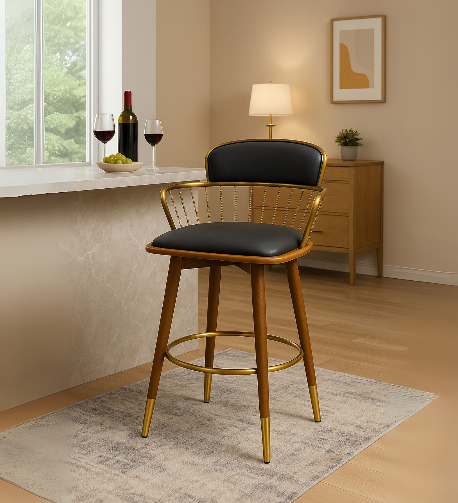 Engineered Wood Bar Stool With Black Cushion