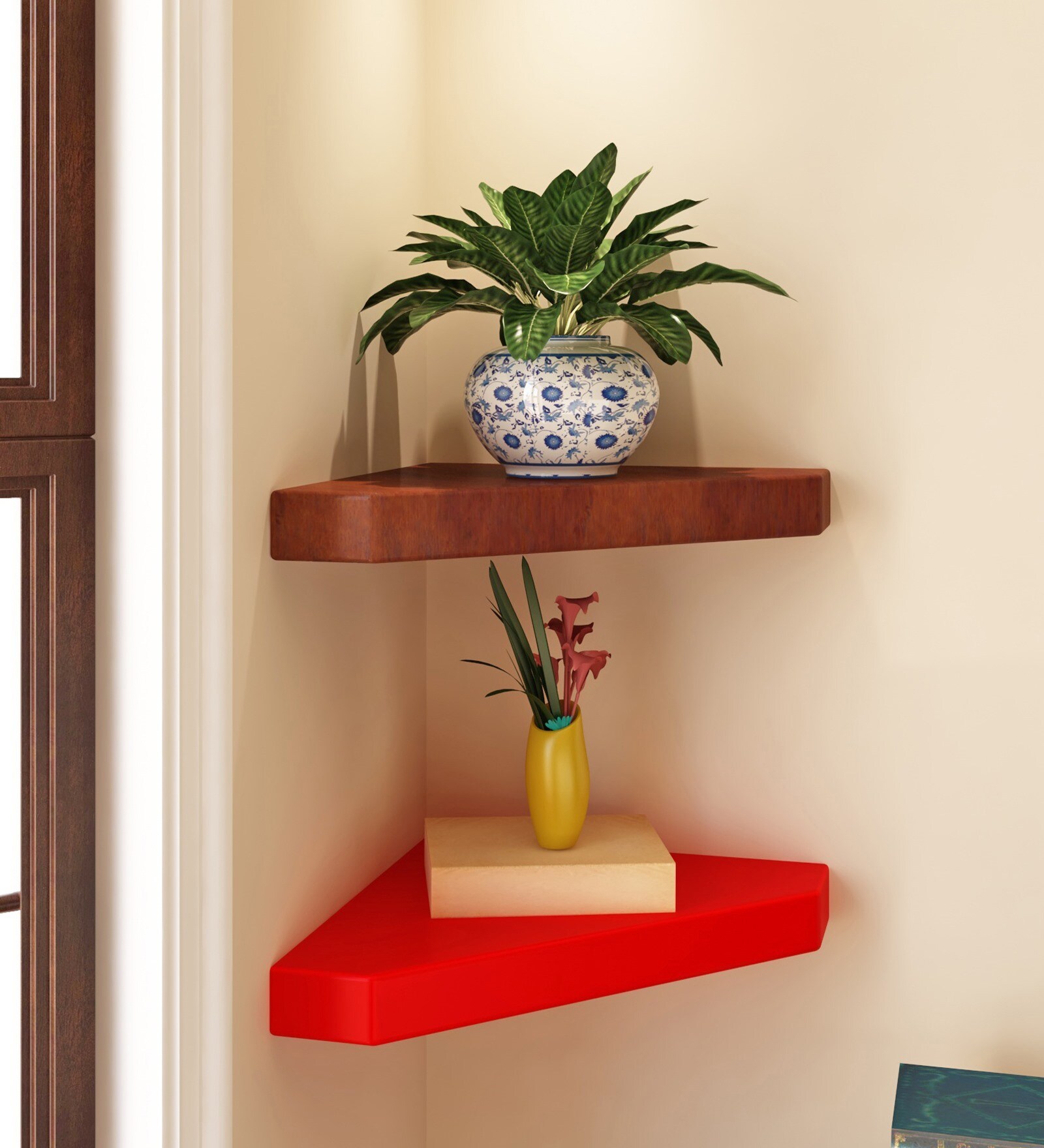 Engineered Wood Corner Wall Shelf in Brown Color