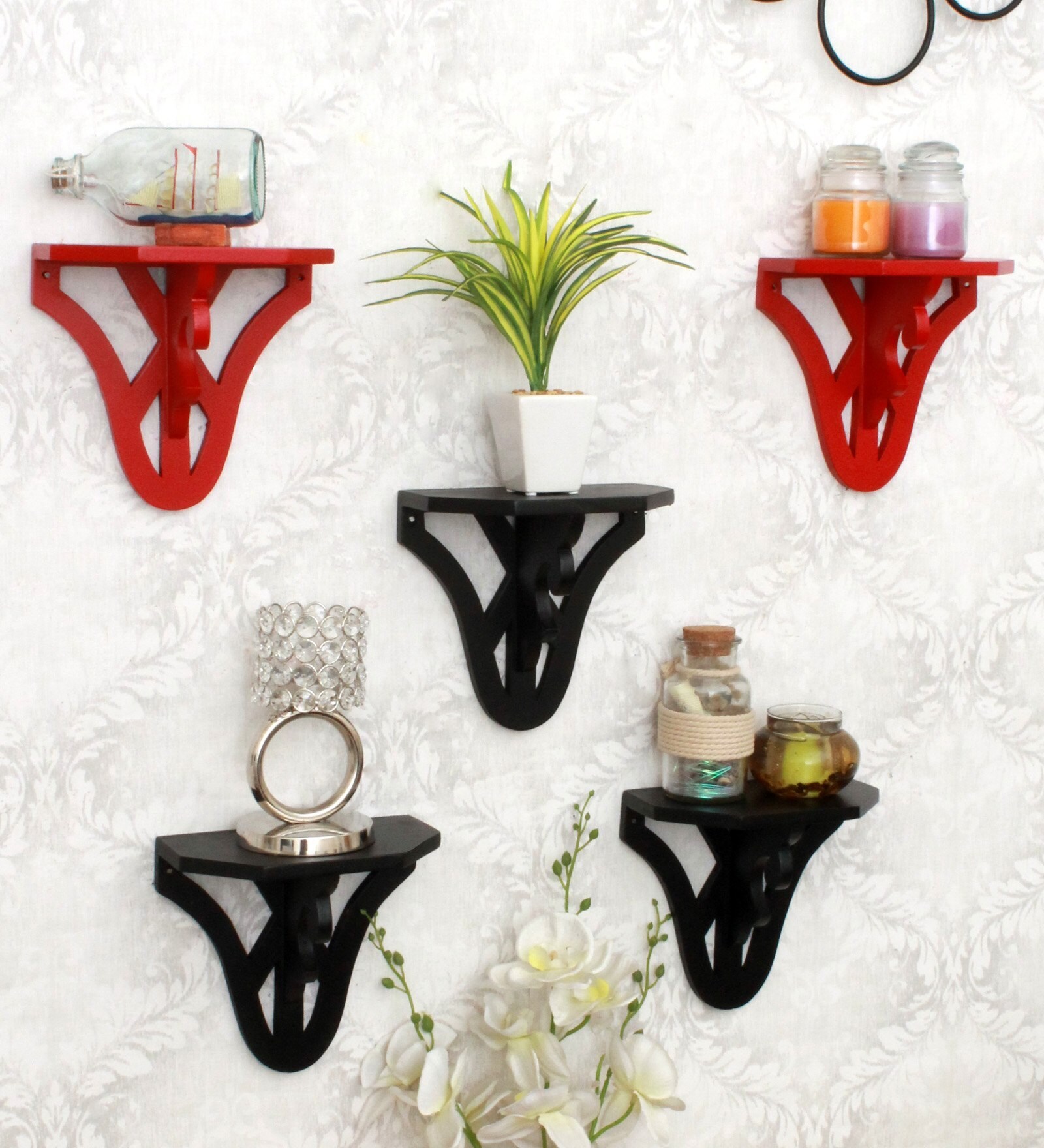 Set of 5 Engineered Wood Carved Floating Wall Shelf in Black Colour