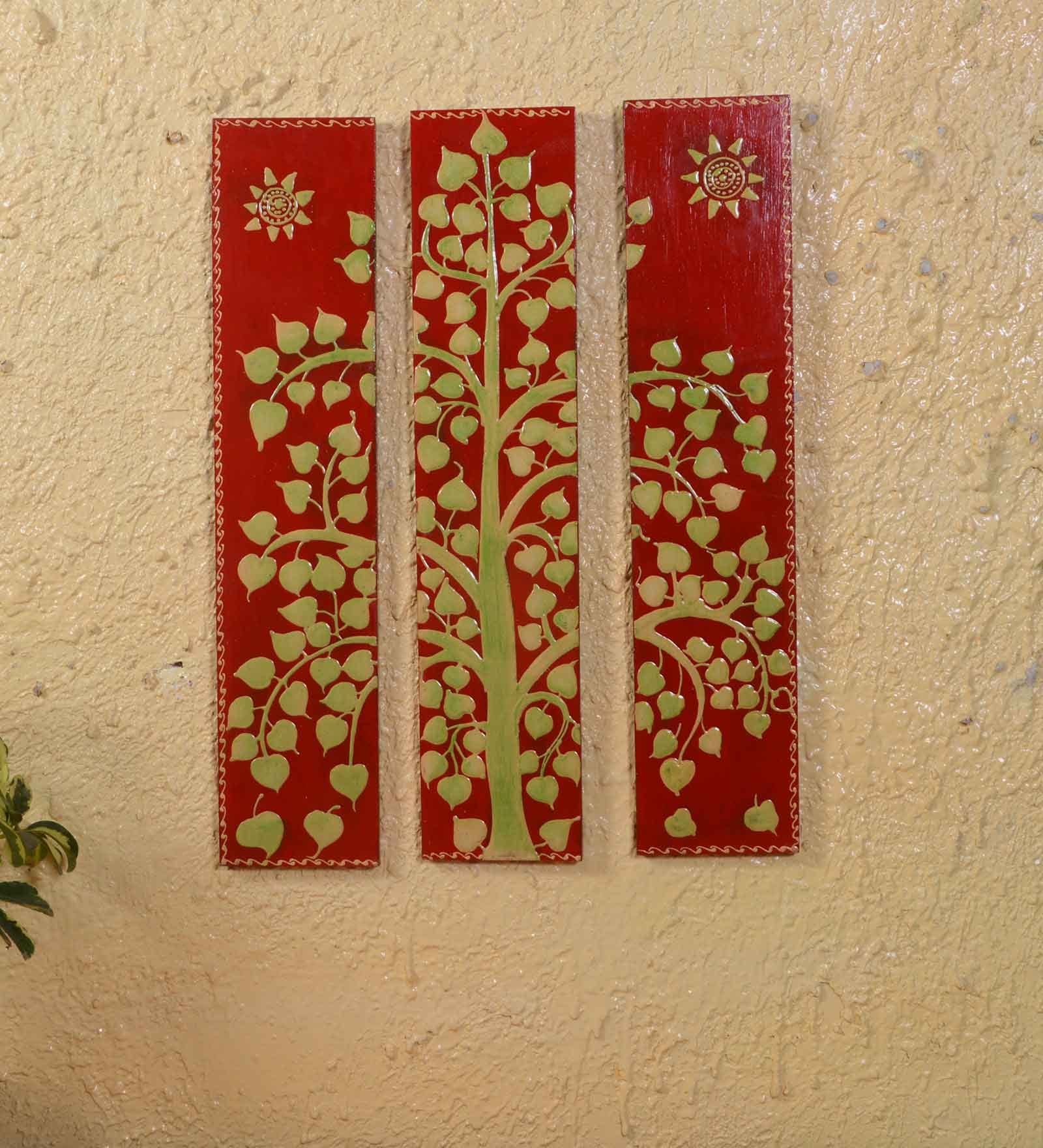 Engineered Wood Hand Painted Wooden Wall Art In Red