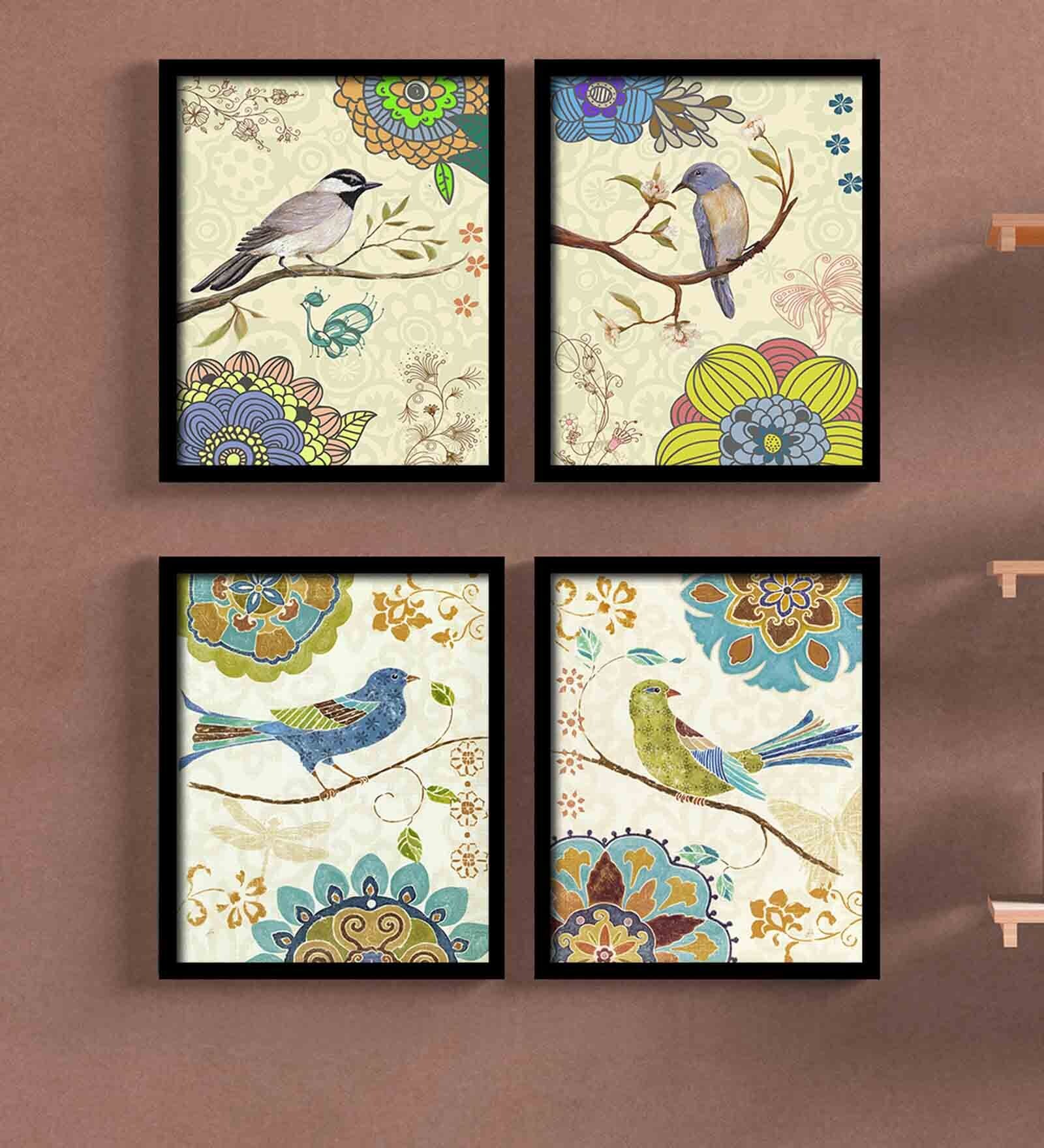 Multicolored Engineered Wood Tropical Birds Framed Art Print (Set of 4)