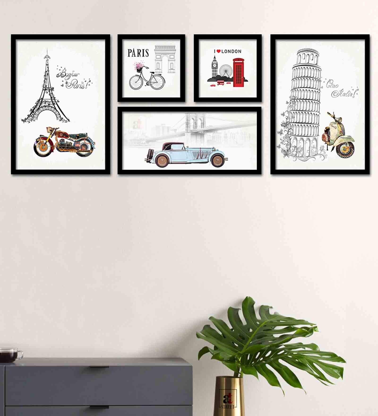 Yellow Engineered Wood Framed Art Print Set of 5