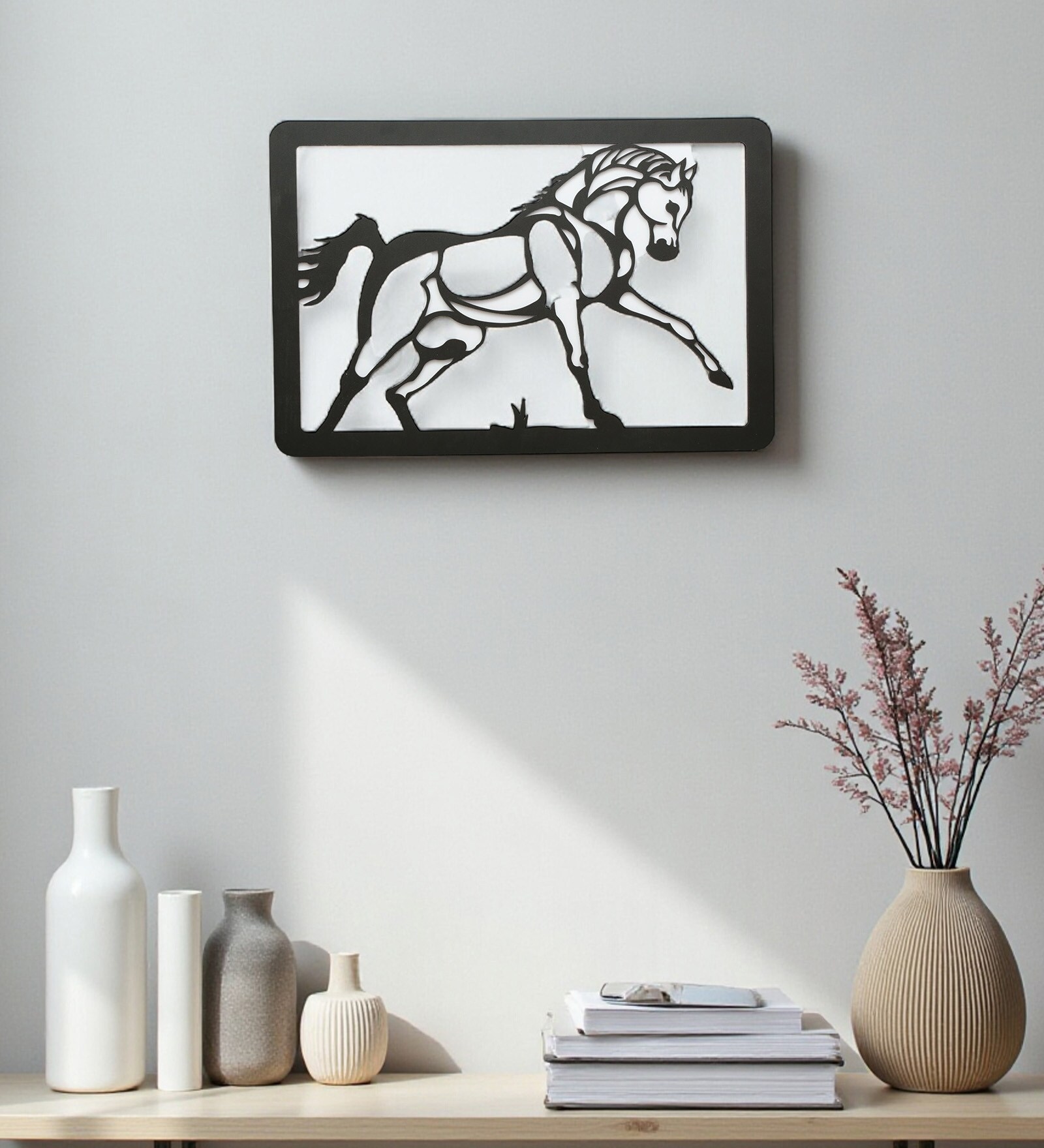 Engineering Wood Laser Cut Black Horse Wall Art In Black & Brown Finish